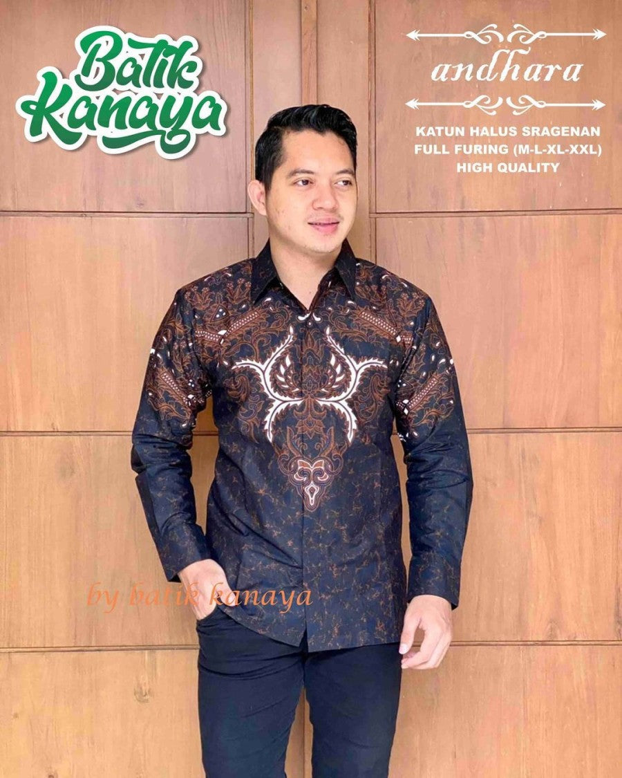 ANDHARA Kemeja Batik Motif Pria Hitam Bahan Katun Full Furing Kanaya