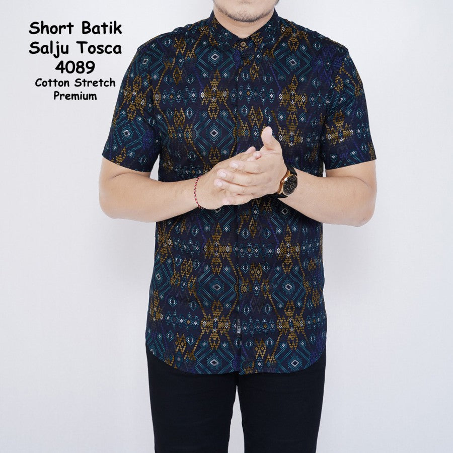 Kemeja Batik Pria Slim Fit Lengan Pendek Cotton Stretch Hitam