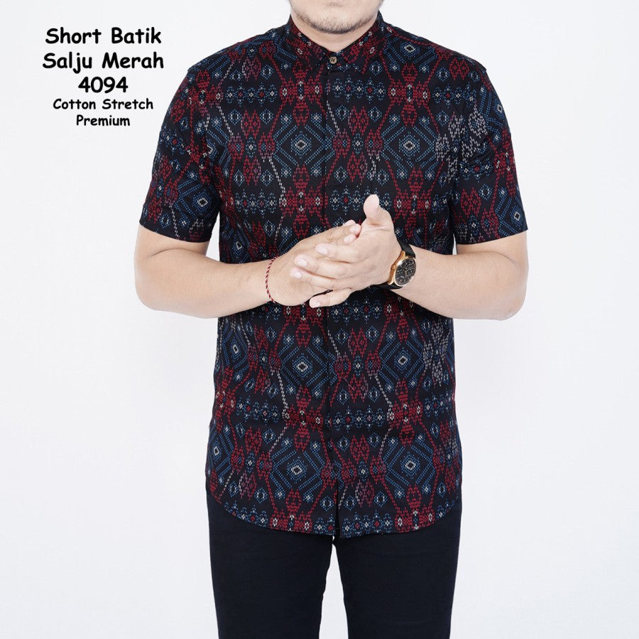 Kemeja Batik Pria Slim Fit Lengan Pendek Cotton Stretch Hitam