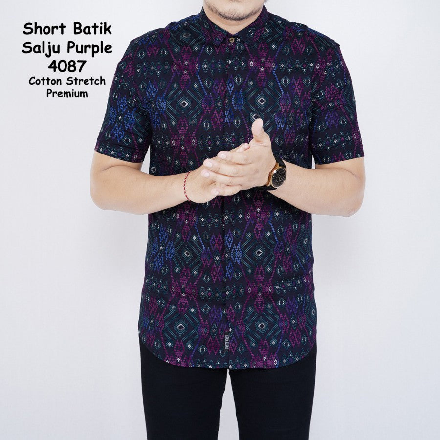Kemeja Batik Pria Slim Fit Lengan Pendek Cotton Stretch Hitam