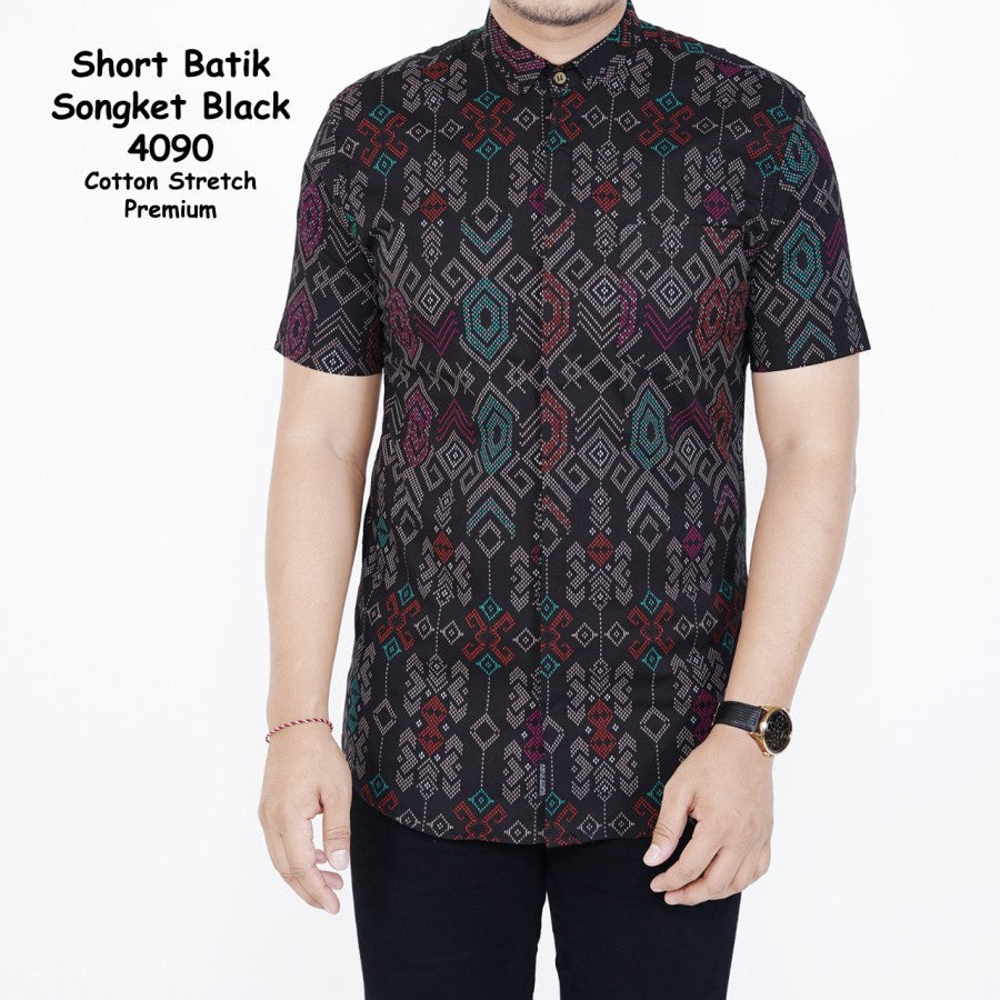 Kemeja Batik Pria Slim Fit Lengan Pendek Cotton Stretch Hitam