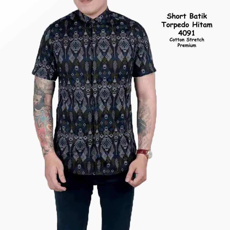 Kemeja Batik Pria Slim Fit Lengan Pendek Cotton Stretch Hitam