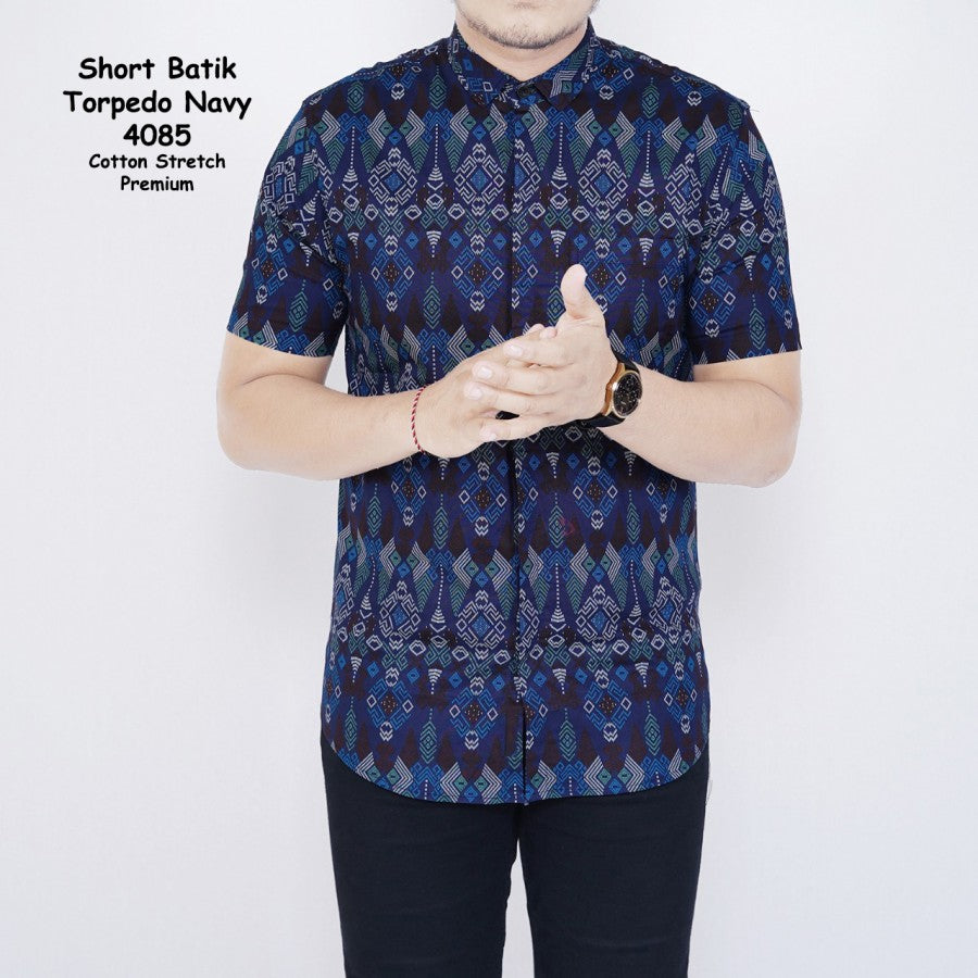 Kemeja Batik Pria Slim Fit Lengan Pendek Cotton Stretch Hitam