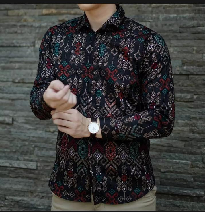Kemeja Pria Batik Songket Hitam Lengan Panjang / Batik Cowo Formal -