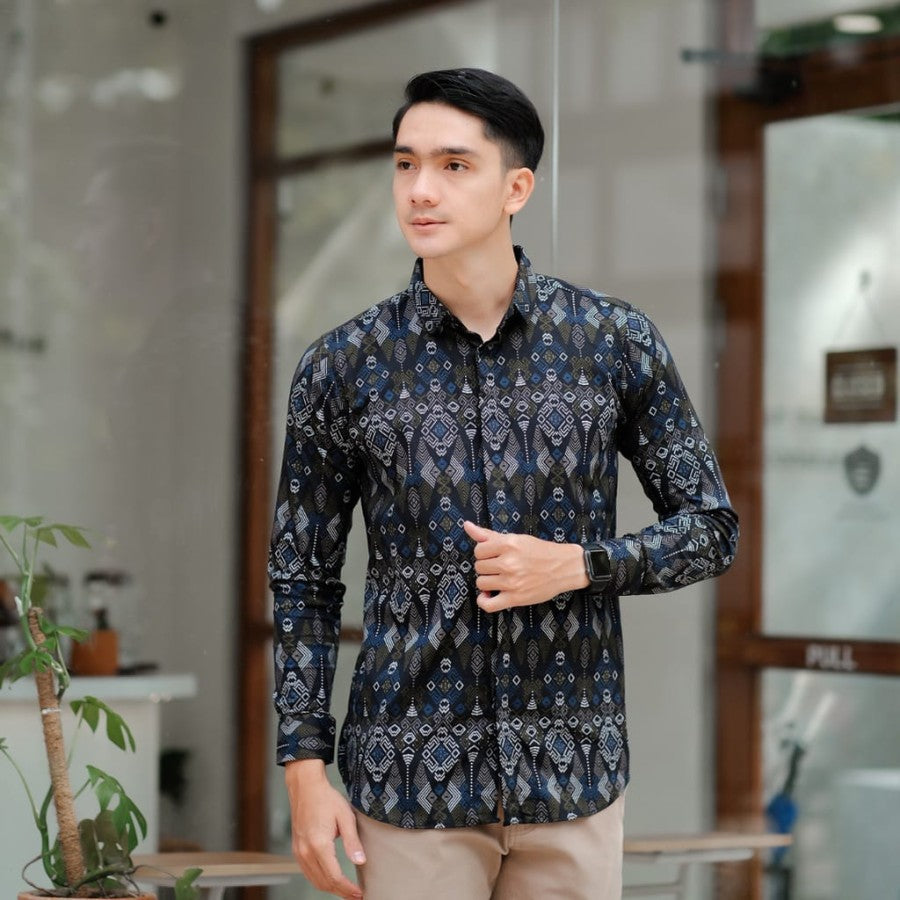 Kemeja Pria Batik Songket Hitam Lengan Panjang / Batik Cowo Formal -