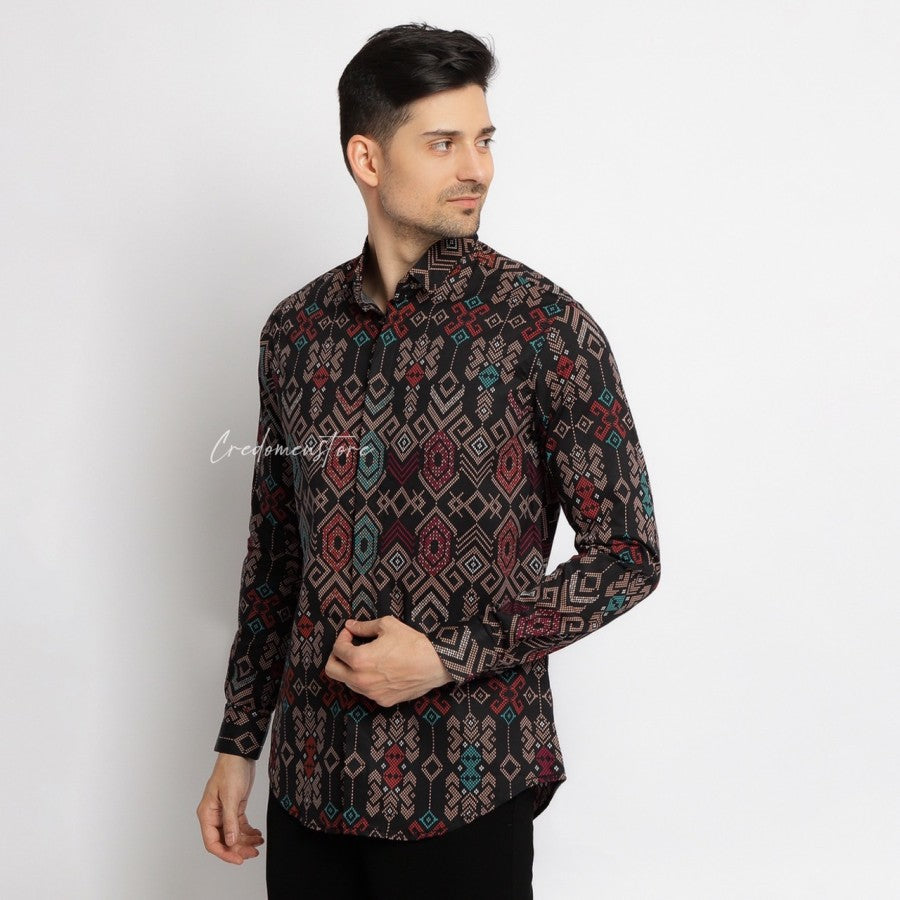Kemeja Pria Batik Songket Hitam Lengan Panjang / Batik Cowo Formal -