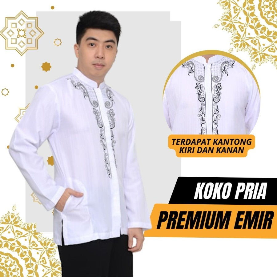 Baju Muslim Koko Pria Dewasa Lengan Panjang Gamis Pria EMIR - Putih